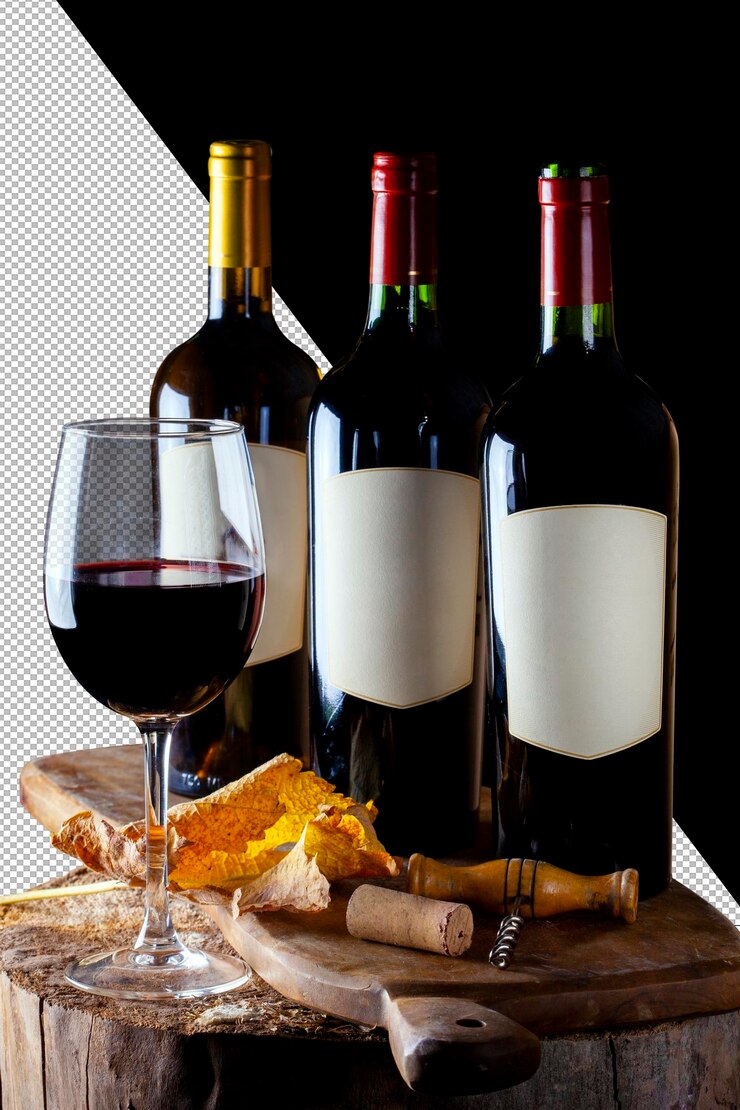 PSD glass and bottles of red and white wine