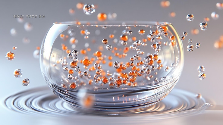 PSD glass bowl filled with orange and clear spheres with more spheres falling into it
