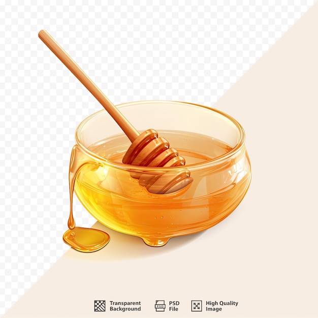 PSD a glass bowl of honey with a stick of honey on it.