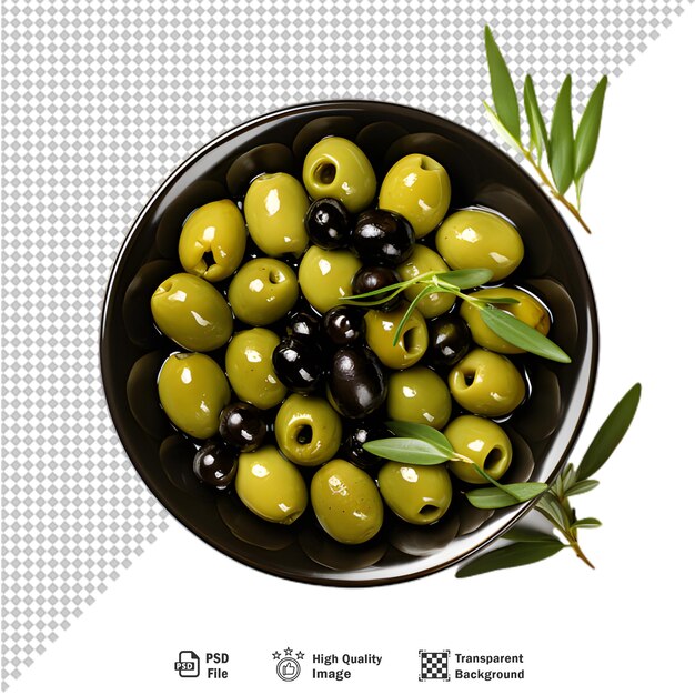 PSD glass bowl of pickled olives isolated on transparent background