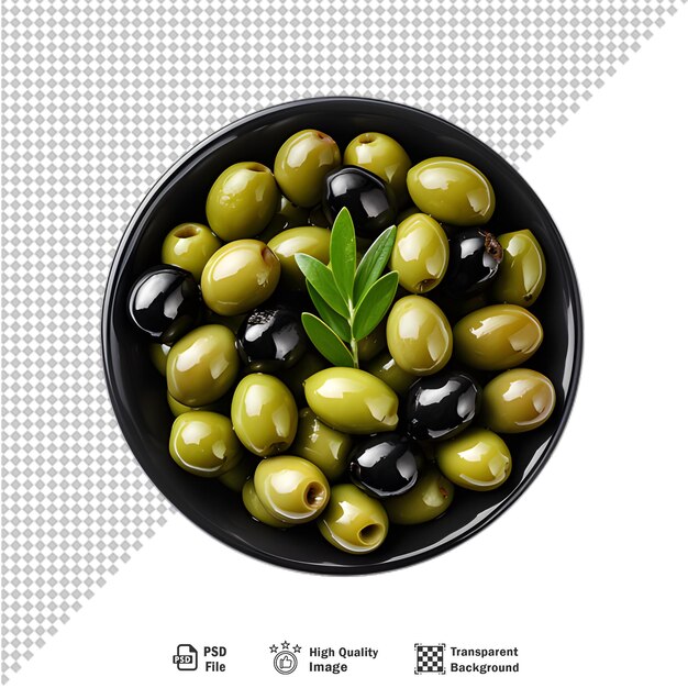 PSD glass bowl of pickled olives isolated on transparent background