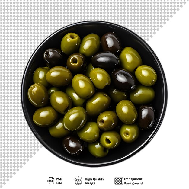 PSD glass bowl of pickled olives isolated on transparent background