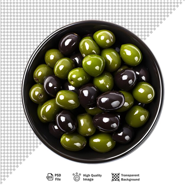 Glass bowl of pickled olives isolated on transparent background