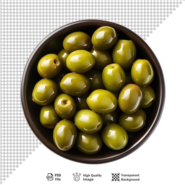 Ciotola di vetro di olive in salamoia isolate su sfondo trasparente