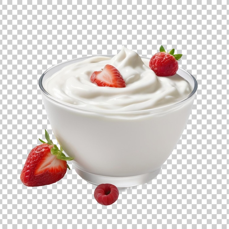 PSD a glass bowl of yogurt with strawberries and cream