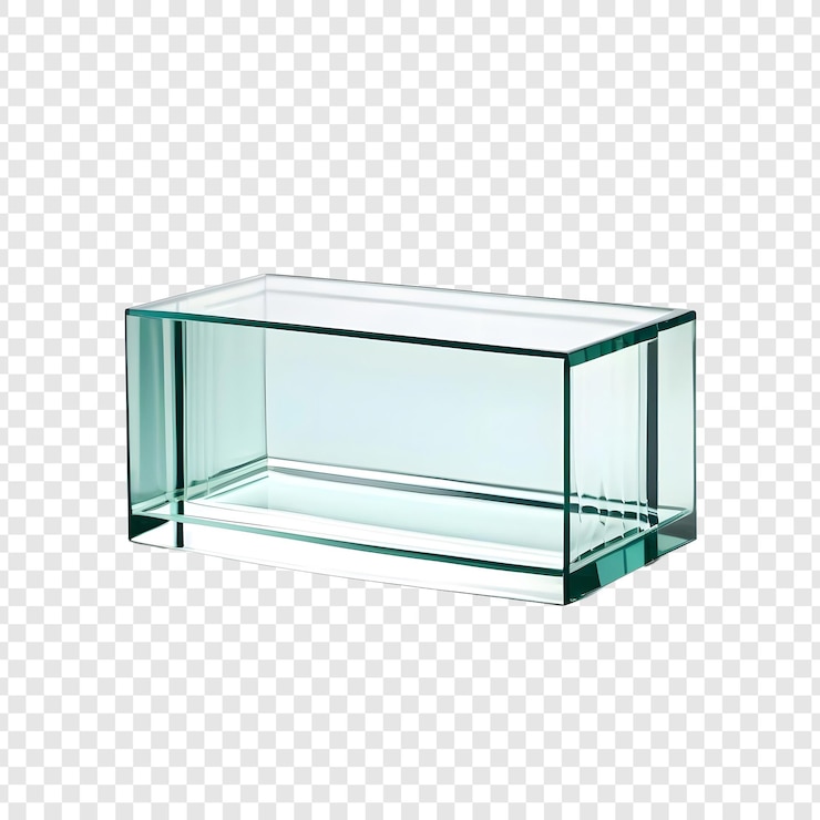 PSD a glass box with different colored glass bottles on it