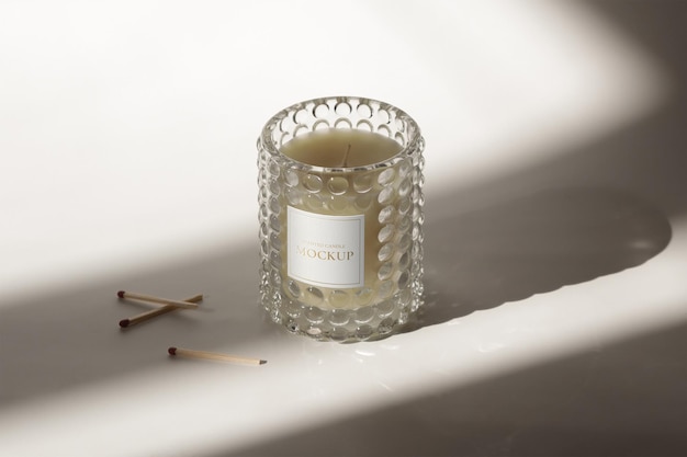 Glass candle label mockup with wooden matches