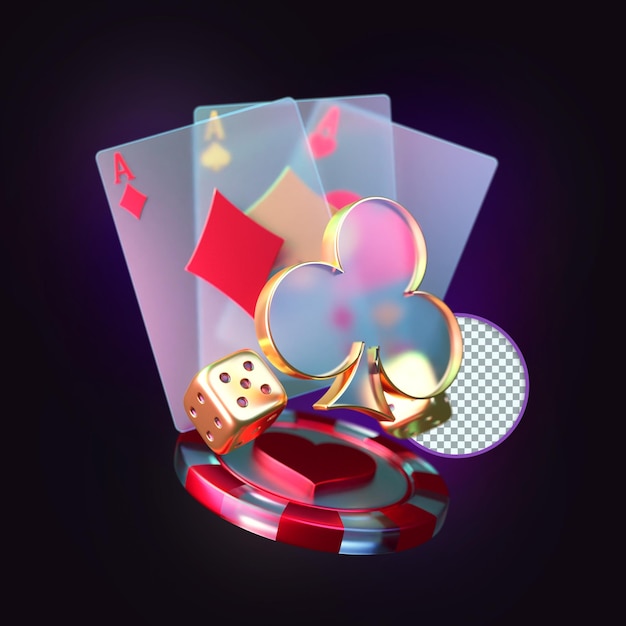 ガラス カード、ルーレット、サイコロ、チップ カジノ ポーカー構成 3 D レンダリング、デザイン要素、
