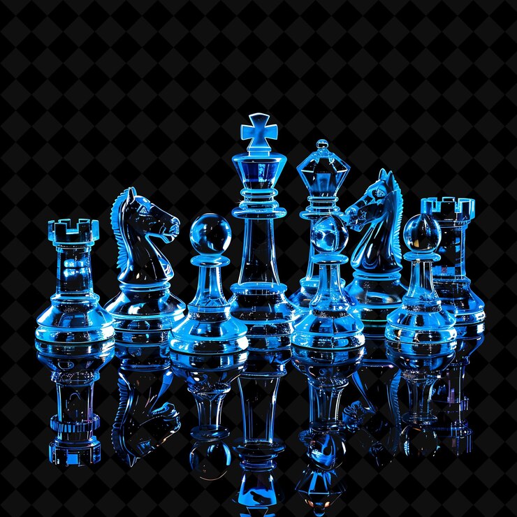 PSD glass chess set with a cool blue neon sheen made with clear neon object on dark background