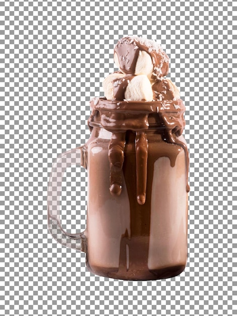 A glass of chocolate milkshake with marshmallow isolated on transparent background