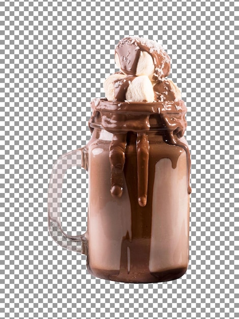 Un bicchiere di milkshake al cioccolato con marshmallow isolato su sfondo trasparente