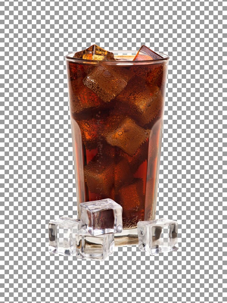 PSD 透明な背景に分離されたアイス キューブとコーラ飲み物のグラス