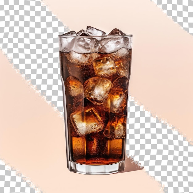 A glass of cola with ice and ice cubes on it.