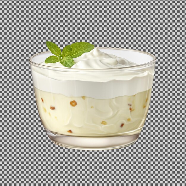 A glass container of yogurt with a mint on it