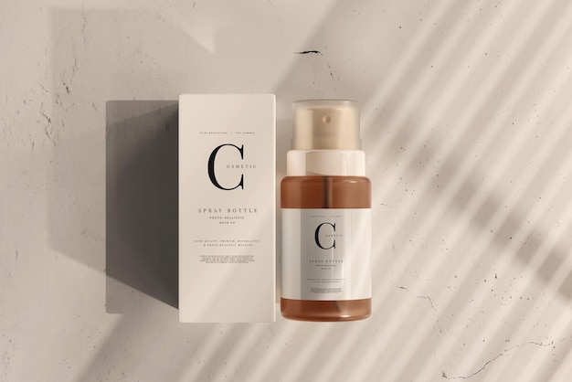 Flacone spray cosmetico in vetro con scatola mockup