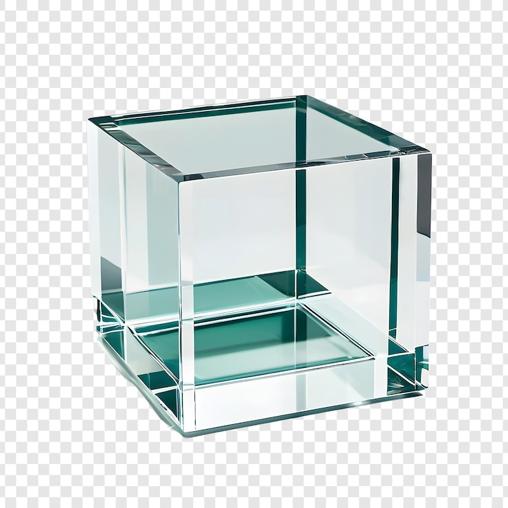 PSD a glass cube with a clear glass container that says  glass