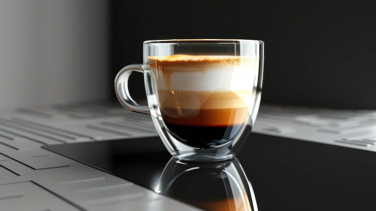 PSD a glass cup of coffee with three distinct layers of espresso milk and foam