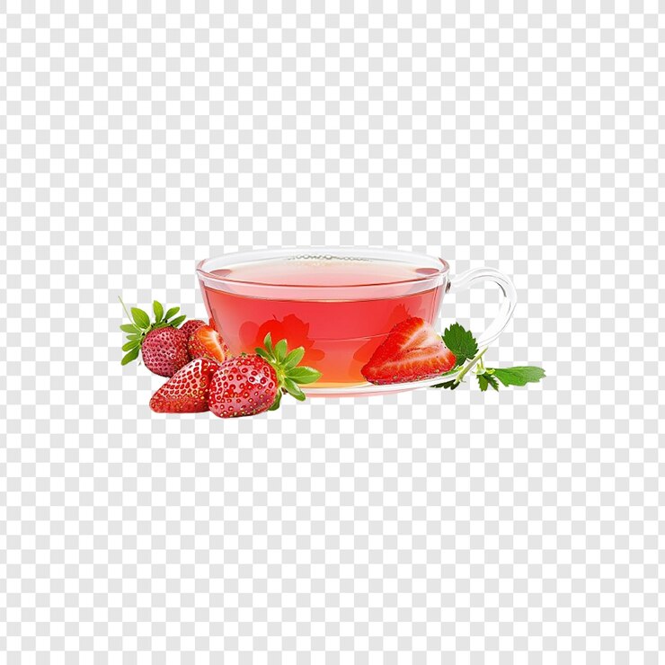 PSD a glass cup of tea with strawberries and leaves on a transparent background