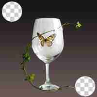 PSD glass decorated with leaves and butterflies on transparent background