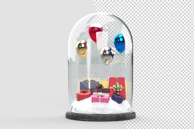 Стеклянный купол с подарочными коробками. Праздничный баннер, флаер и брошюра, макет праздничного декоративного праздничного объекта. Отметить день рождения, юбилей, свадьбу. 3D рендеринг