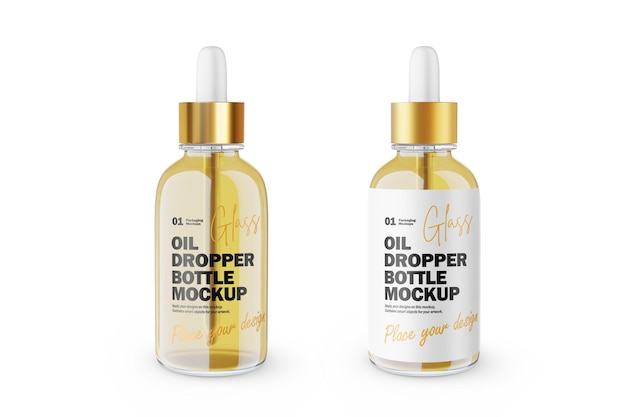 PSD glass dropper bottle with oil and gold lid psd mockup