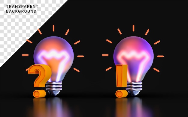 Glass exclamation question lightbulb icon with colorful gradient light on dark background 3d render