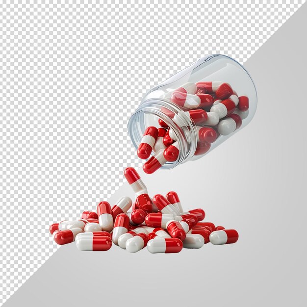 PSD a glass filled with red and white pills next to a bottle of pills