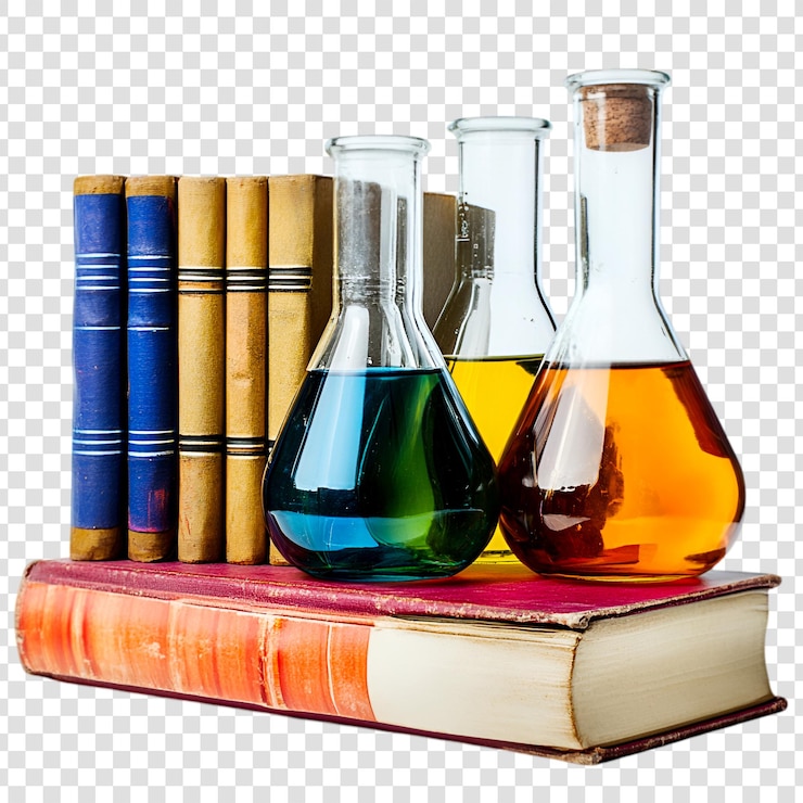 PSD glass flasks and old books knowledge and science