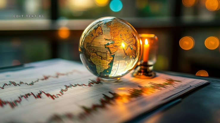 PSD glass globe on financial charts with candle depicting global market analysis