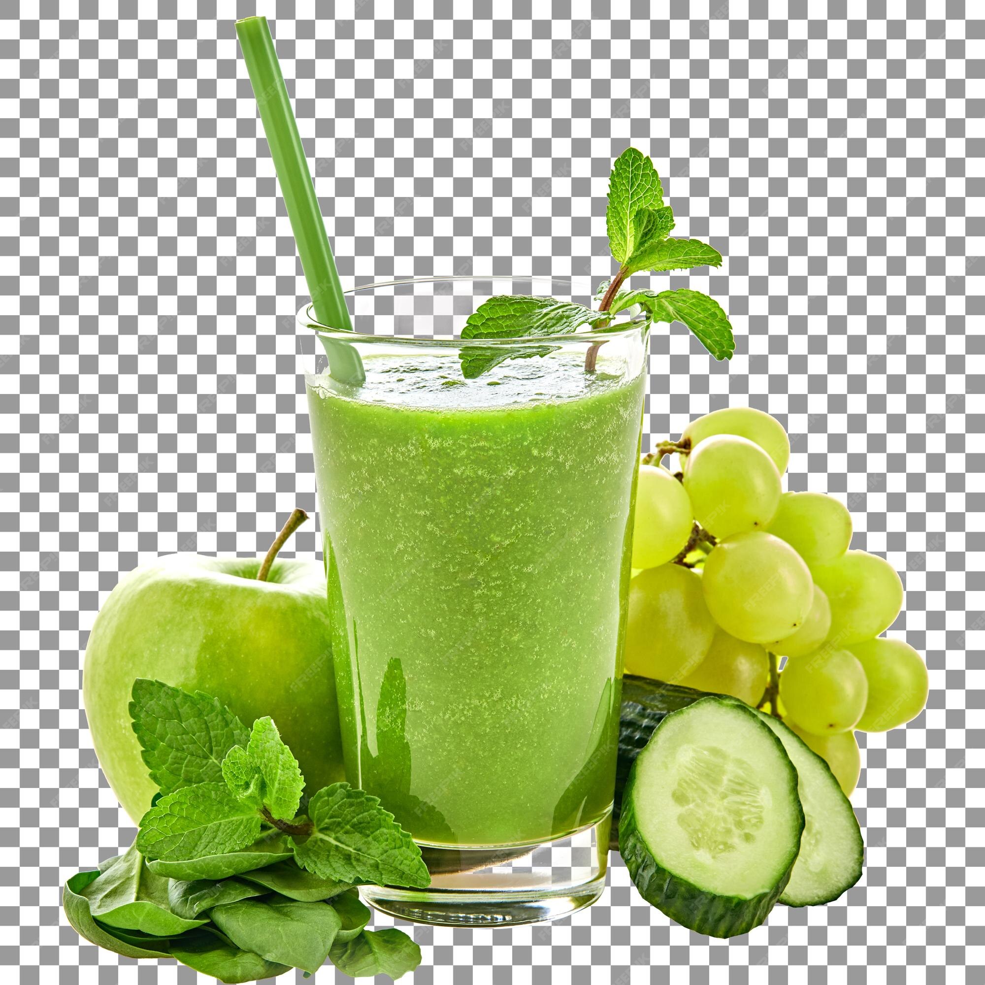 Premium PSD  A glass of green smoothie with a straw and fruits on