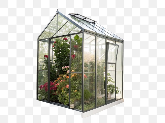 Glass Greenhouse with Plants on Transparent Background