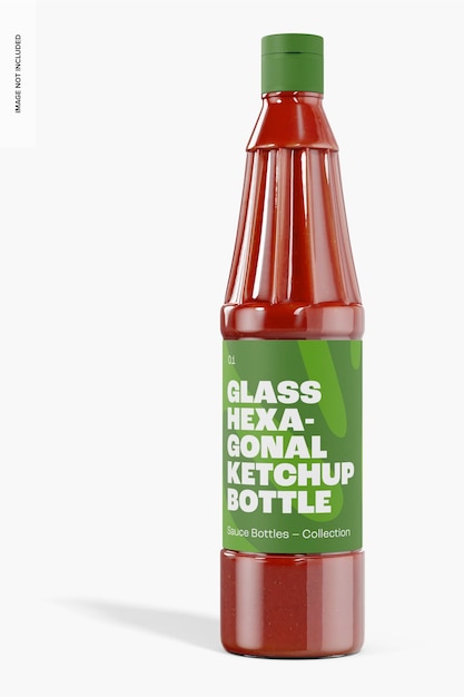 PSD glass hexagonal ketchup bottle mockup, front view