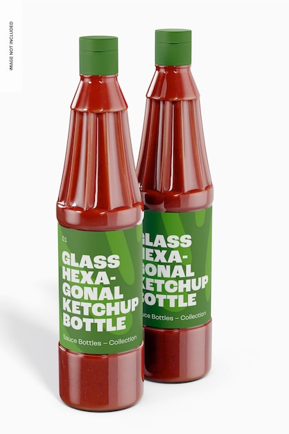 Mockup di bottiglie di ketchup esagonali in vetro, vista frontale
