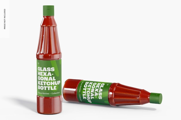 PSD mockup di bottiglie di ketchup esagonali in vetro, in piedi e cadute