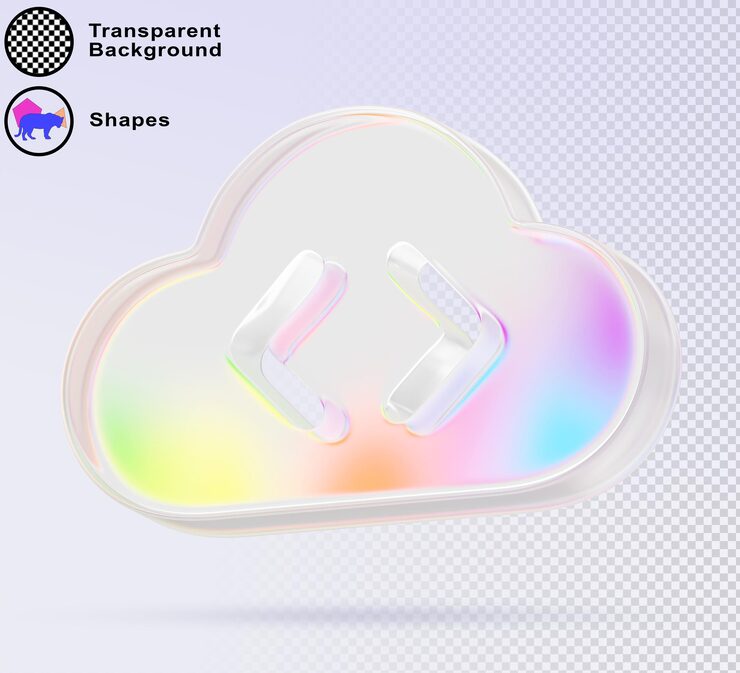 PSD glass holographic cloud programming with html code tag 3d render icon cloud ide with pearlescent rainbow gradient platform for software development in internet test and deploy app