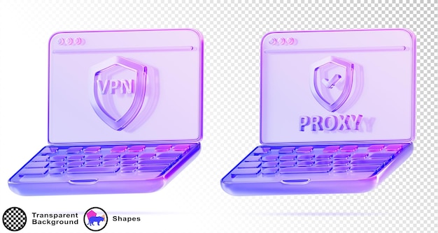 glass holographic laptop screen with vpn shield and proxy server 3d render icon set data encryption hide ip address secure internet connection technology computer cyber security