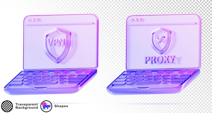 PSD glass holographic laptop screen with vpn shield and proxy server 3d render icon set data encryption hide ip address secure internet connection technology computer cyber security