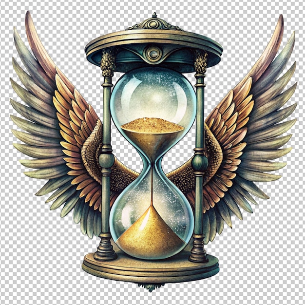 PSD glass hour with wings on transparent background