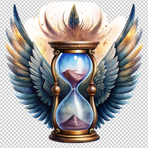 PSD glass hour with wings on transparent background