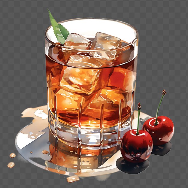 A glass of iced tea with cherry and cherry on it