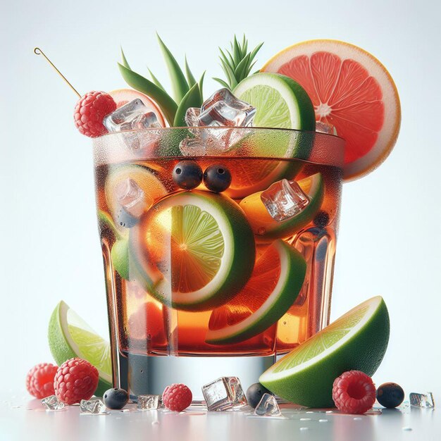 PSD a glass of iced tea with fruit and kiwi on it