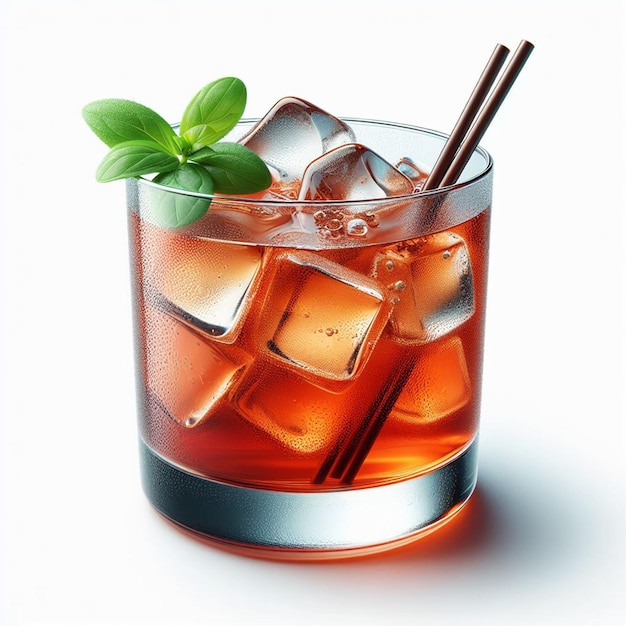 PSD a glass of iced tea with a green leaf on top of it