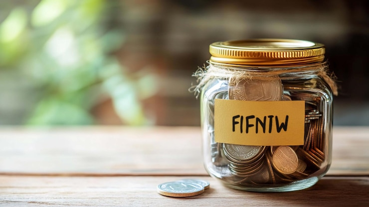 PSD glass jar filled with coins labeled fifnw on a wooden table