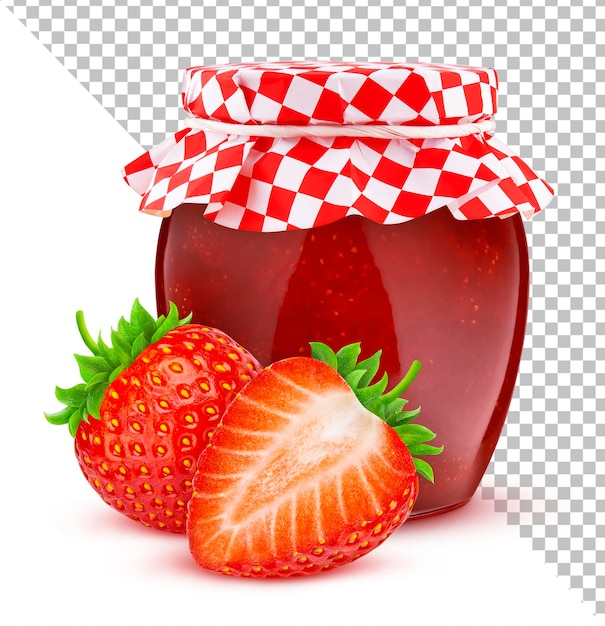 Glass jar of strawberry fruit jam isolated