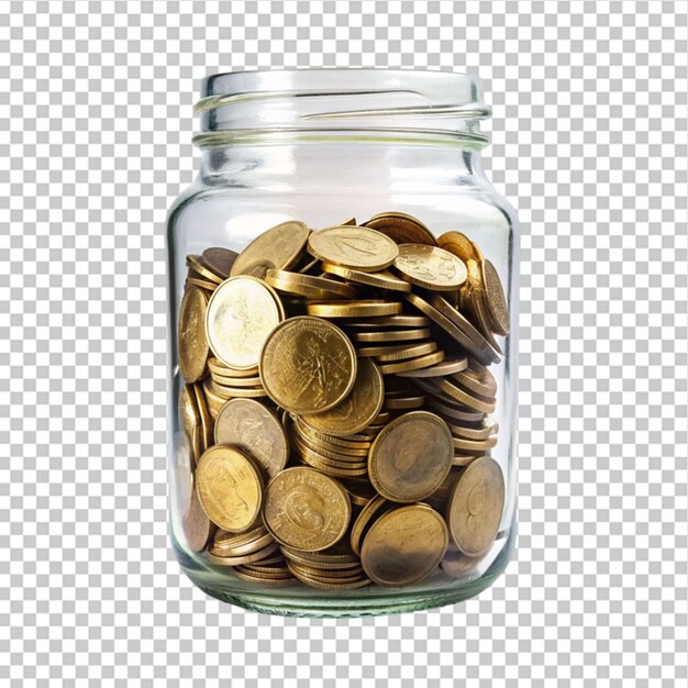 Glass jar with coins on transparent background