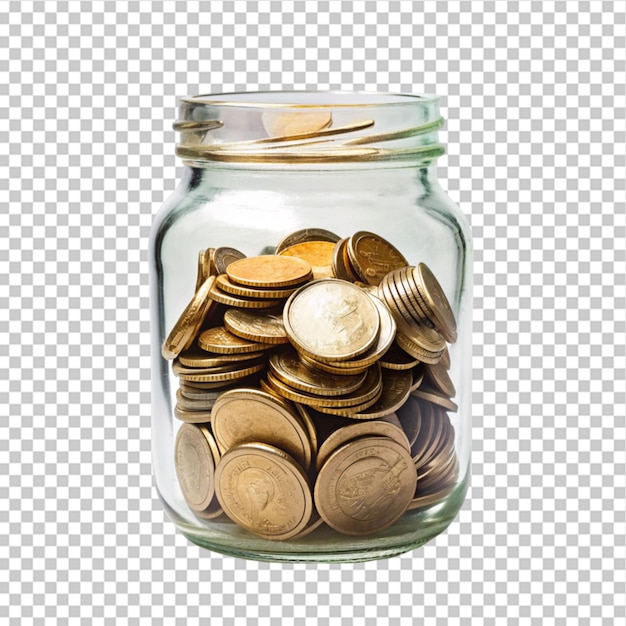 PSD glass jar with coins on transparent background