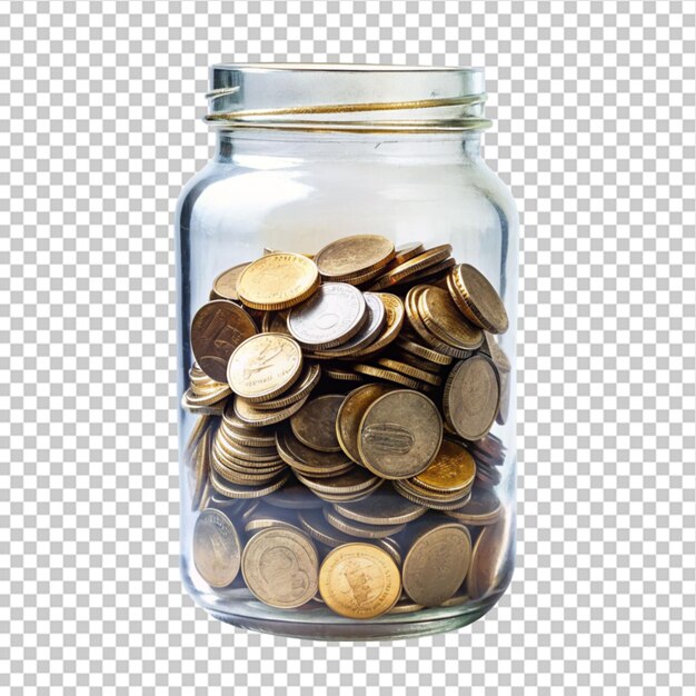 Glass jar with coins on transparent background