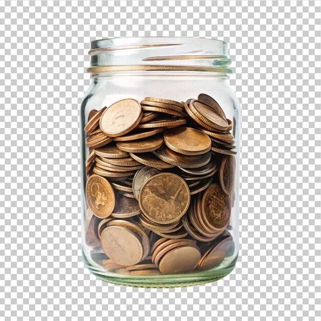 PSD glass jar with coins on transparent background