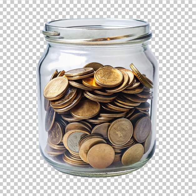 Glass jar with coins on transparent background