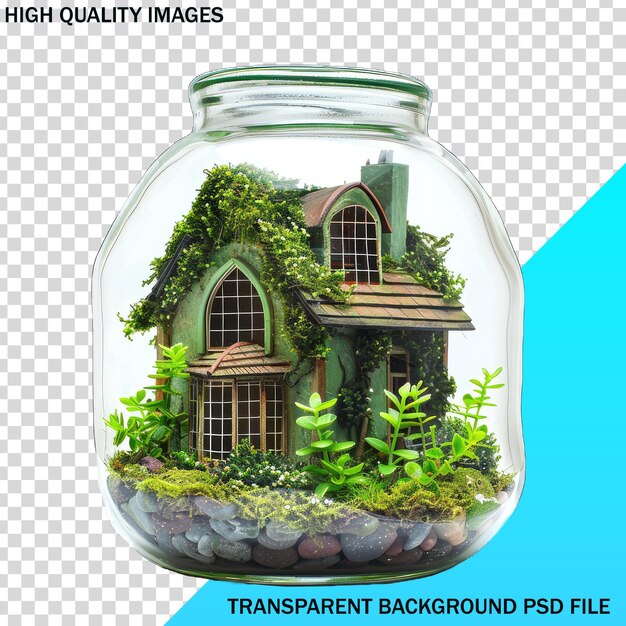 PSD a glass jar with a house on it and a picture of a house on the bottom